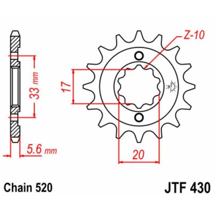 Pignon JT acier type 430 pas 520 13 dents KAWAZAKI KXF-250 2004-05
